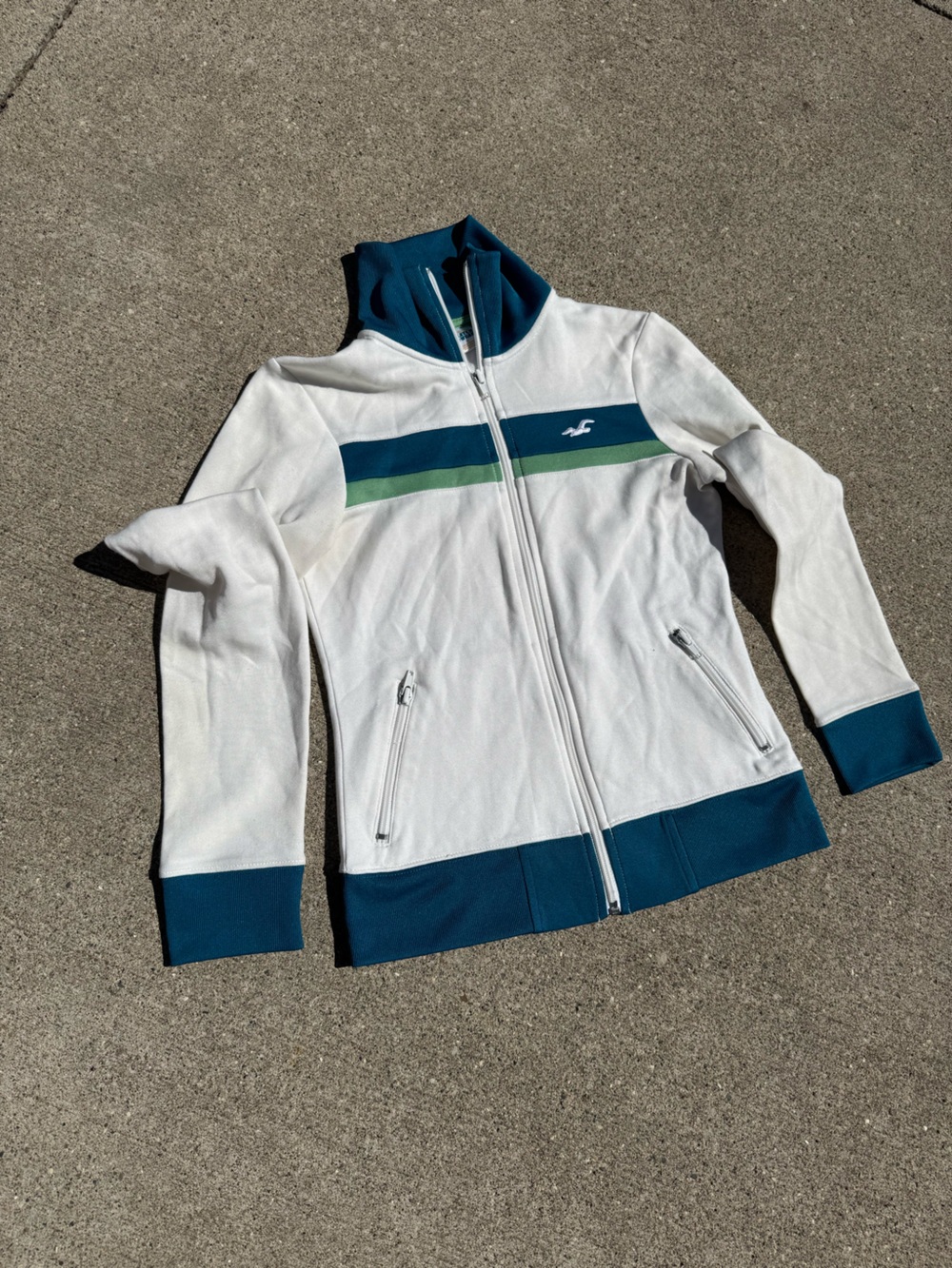 Hollister White Jacket with Teal and Green Stripes